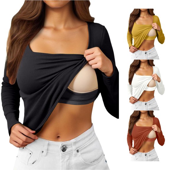 xfsWaSs Women's Fall Long Sleeve Square Neck T Shirts with Built In Bra Lightweight Basic T-Shirt Solid Color Everyday Casual Layering Tops