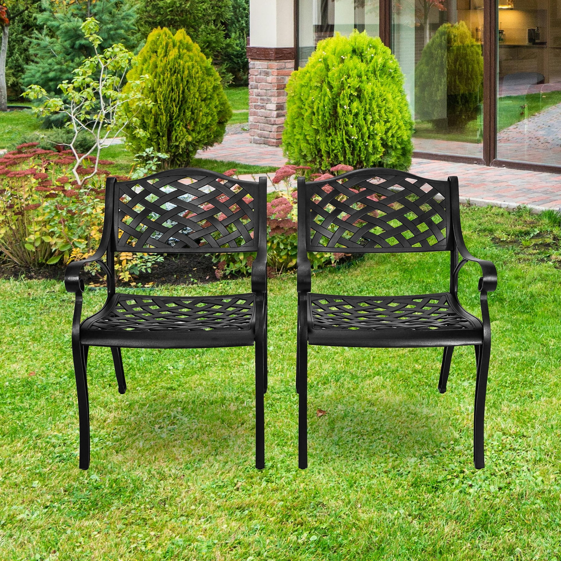 Cast Aluminum Patio Chairs Set of 2,Outdoor Bistro Dining Chair with Armrests,2 Piece Patio Bistro Chair , Patio Furniture for Garden,Black