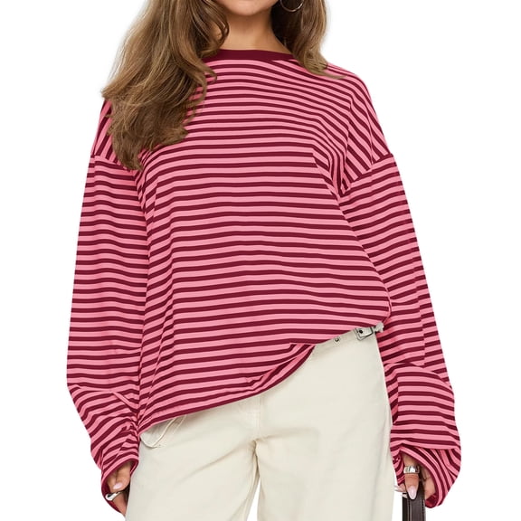 BTFBM Womens Long Sleeve Tops Fall Fashion | Lightweight, Crew Neck, Oversized Striped Shirt Women, Y2k Clothes, Vacation Travel Outfits, Going Out Top, Winter Layering