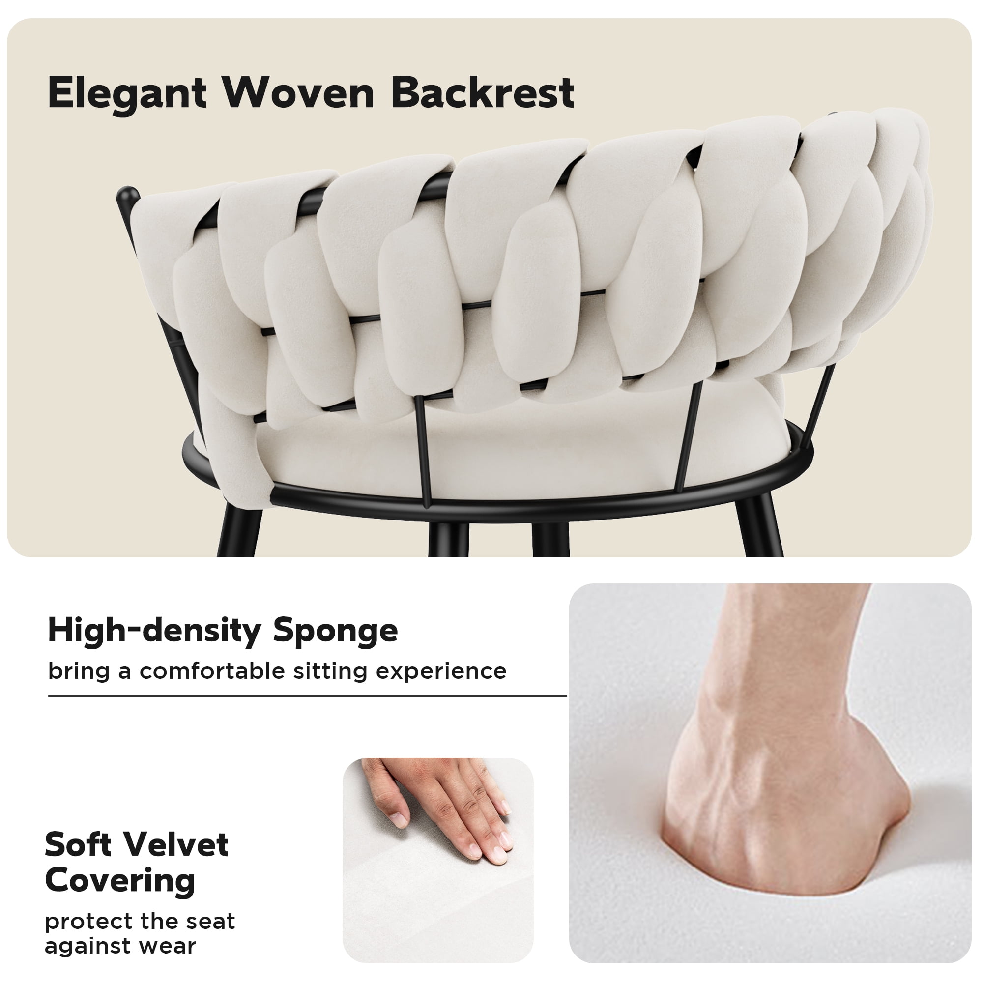 Andeworld 24'' Barstools set of 4, Modern Velvet Bar Stools with Woven Back, Counter Height Barstools with Upholstered Seating, Square Footrest, Ivory