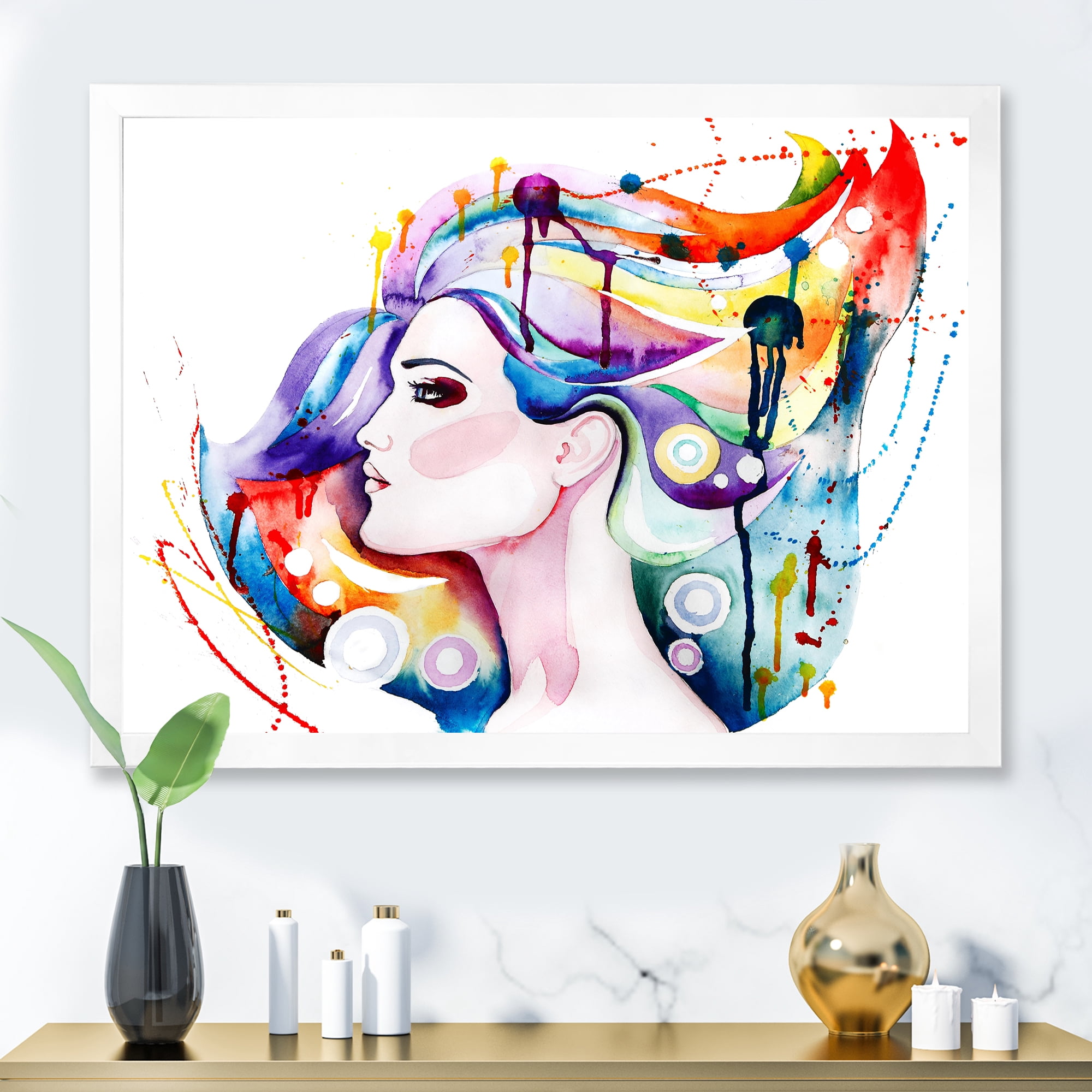 Designart 'Beautiful Young Woman With Colorful Hair' Traditional Framed Art Print