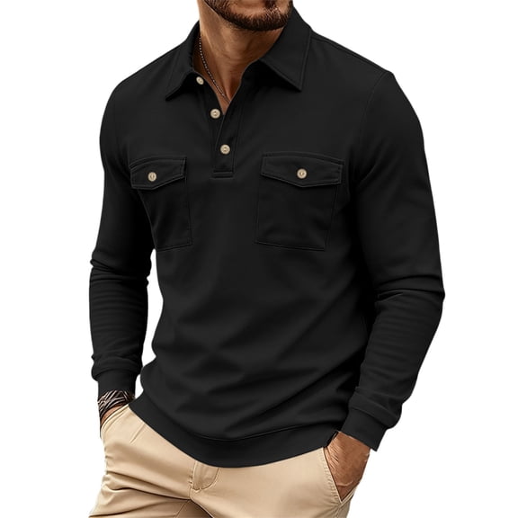 Polo Shirt Men Long Sleeve Button Tees Shirt Basic Black Mens Casual Clothing