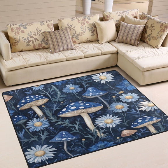 WOBOGO Blue Mushroom Carpet Non-Slip Rugs Soft Doormat 63×48in Living Dining Room Bedroom Decorative