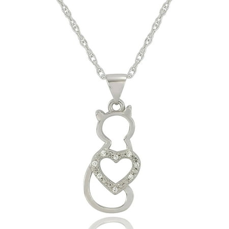 The Humane Society of the U.S. Sterling Silver and CZ Cat with Heart Pendant, 18