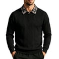 thumbnail image 4 of Plaid Collar Textured Jacquard Knit Polo Shirt for Men, V Neck Long Sleeve Buttonless Vintage Casual Sweater Black, 4 of 9