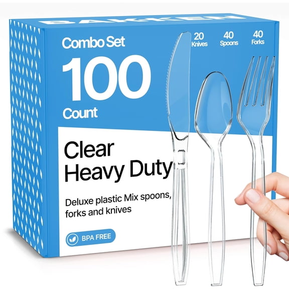 Disposable Cutlery Set, 100-Piece Heavy Duty Plastic Forks, Knives & Spoons, Heat-Resistant, Reusable Clear Silverware