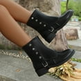 thumbnail image 7 of QQAMB Women's Mid Calf Boots Low Heel Non Slip Boots Buckle Strap Rivets Motorcycle Shoes Round Toe Western Boot, 7 of 7