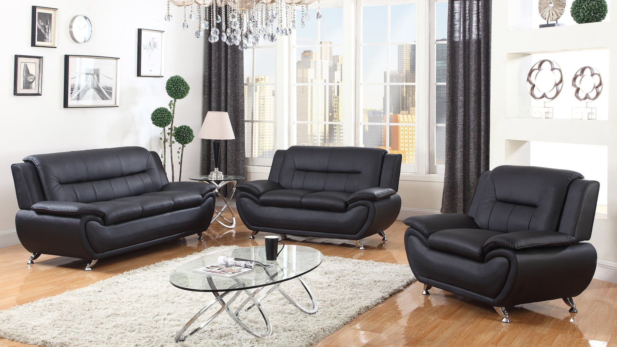 3 Piece Faux Leather Contemporary Living Room Sofa, Love Seat, Chair