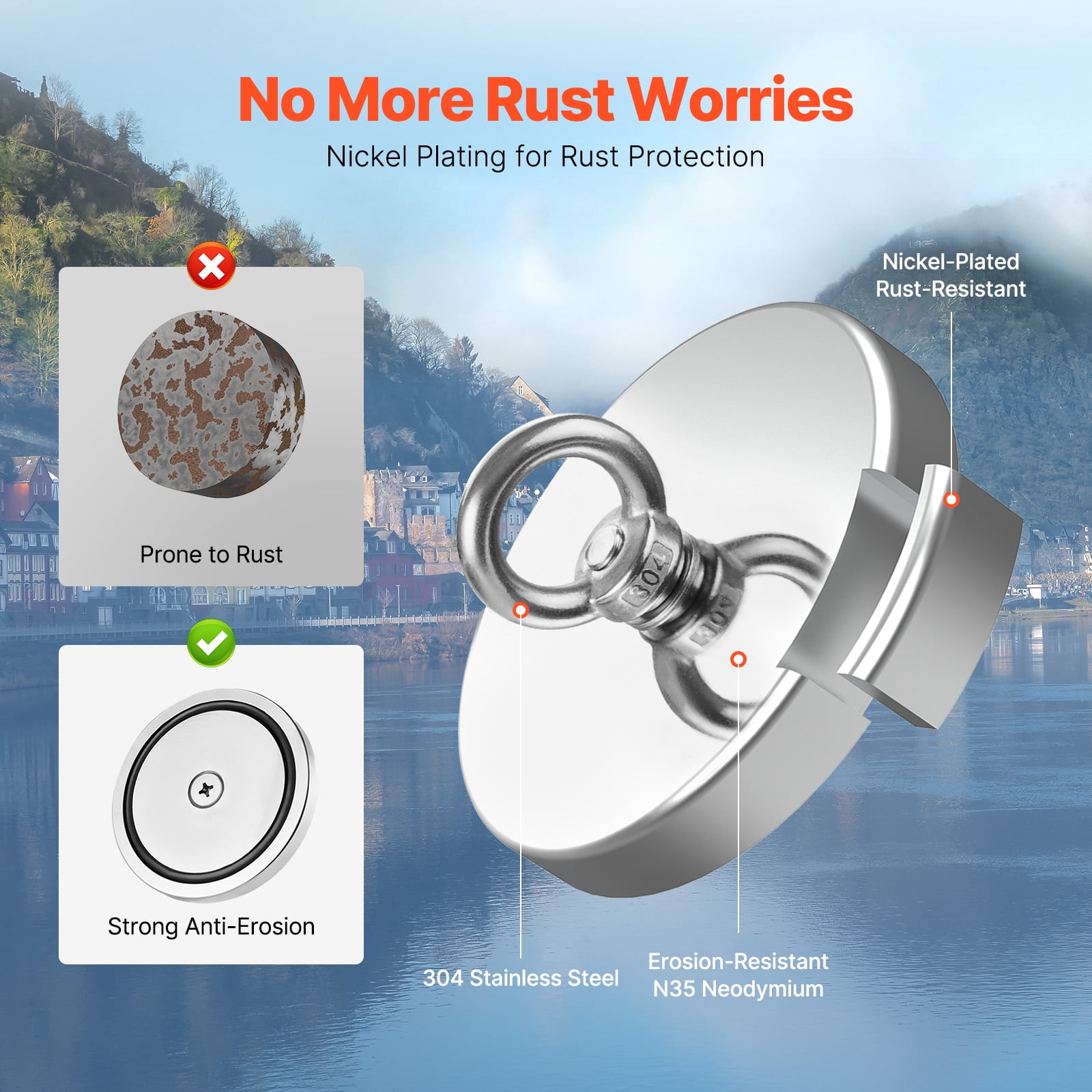VEVOR Magnet Fishing Kit, 1300 LBS/590 Kg Single-Sided Pulling Force Strong Magnet Fishing Kit, Rare Earth Neodymium Magnetic Fishing Kit Includes Grappling Hook, Heavy Duty Rope, Gloves and Eyebolt
