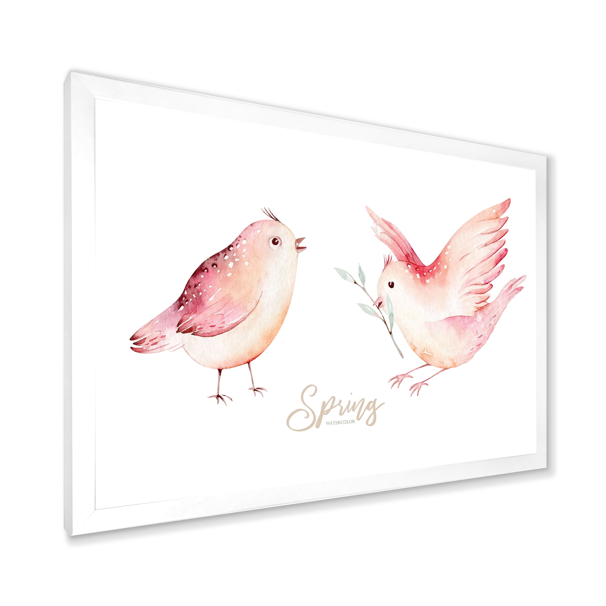 Spring Bird With Green Leaves On White 40 in x 30 in Framed Painting Canvas Art Print, by Designart