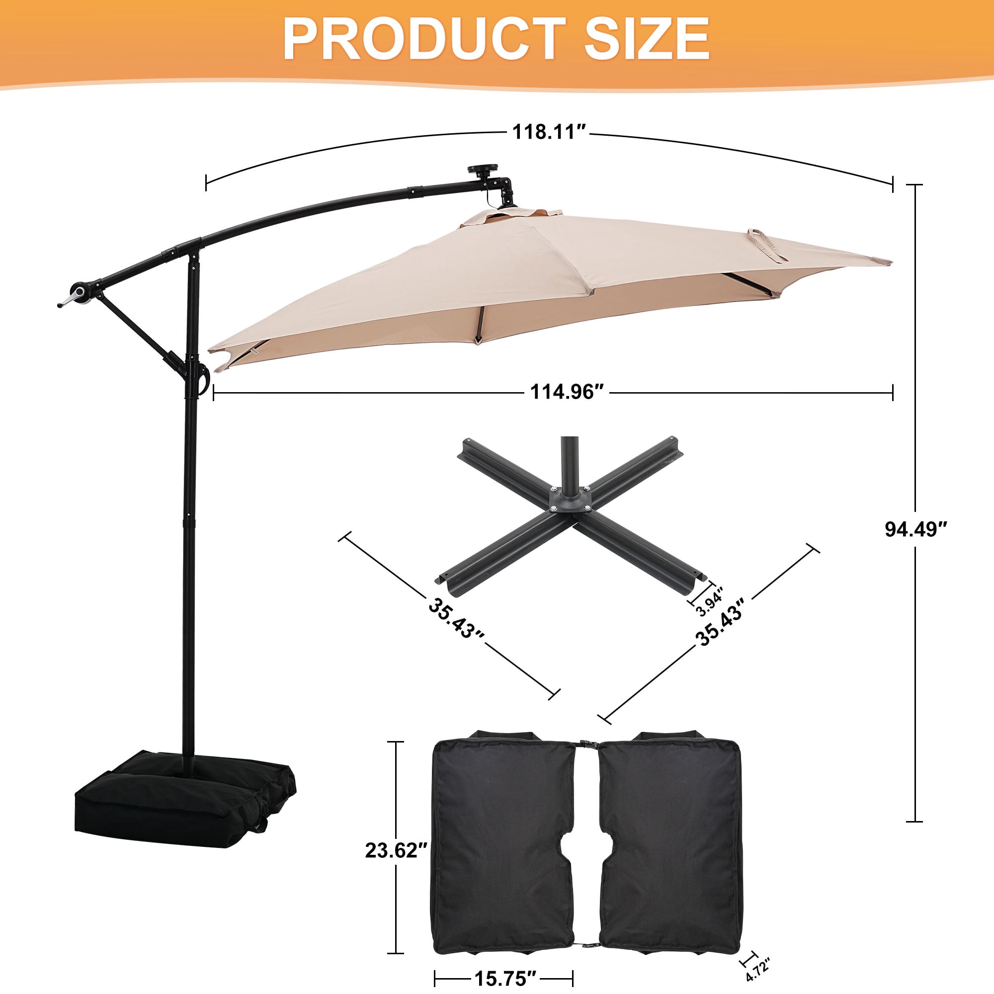 Autlaycil 10 ft Cantilever Offset Outdoor Patio Umbrella with Base Stand Rotate and Tilt,24 Solar LED Lights, Khaki