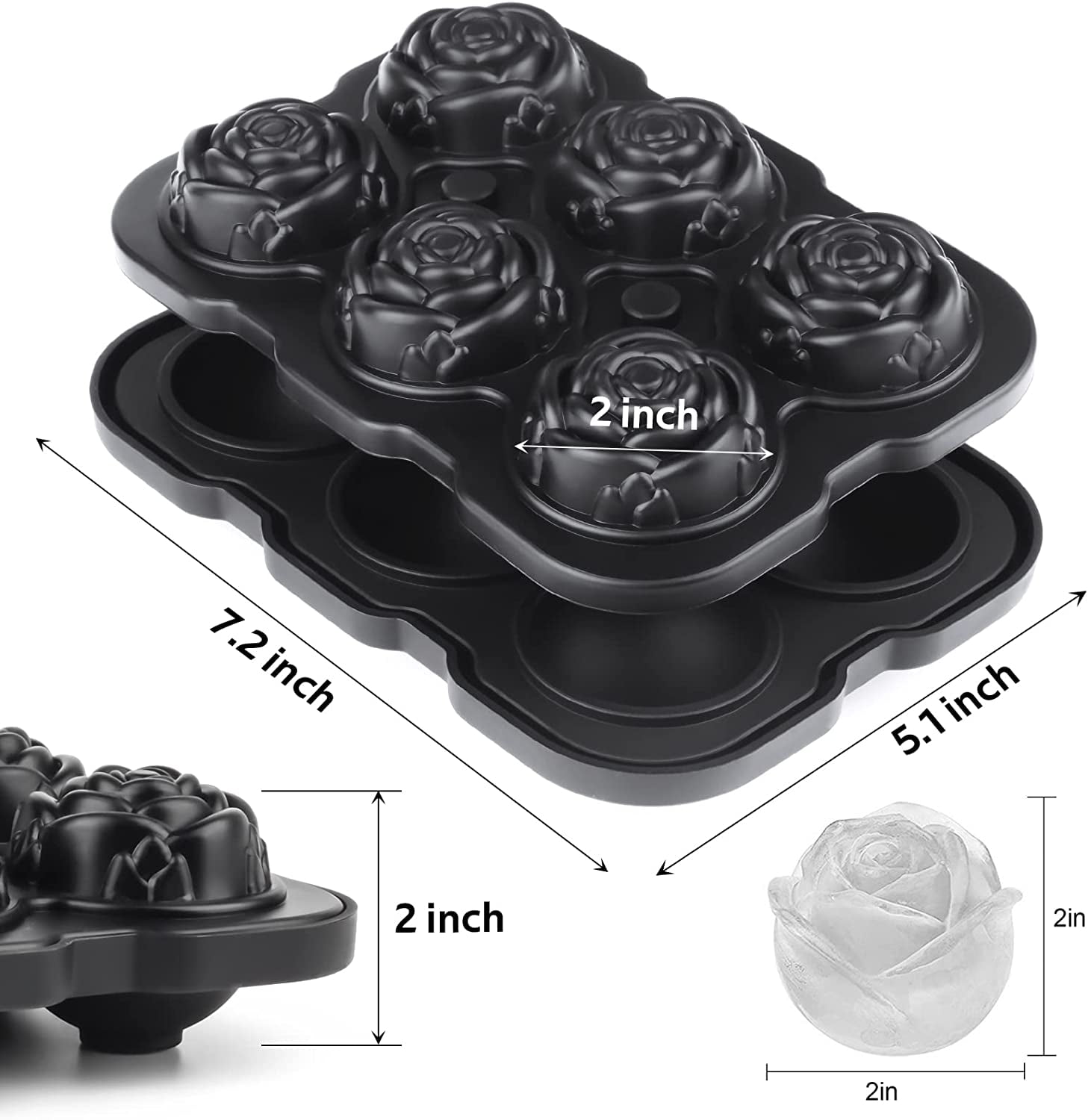 Ice Cube Tray, 2 inch Rose Ice Cube Trays With Covers, 6 Cavity Silicone Rose Ice Ball Maker, Easy Release Large Ice Cube Form for Chilled Cocktails, Whiskey, Bourbon & Homemade Juice Black