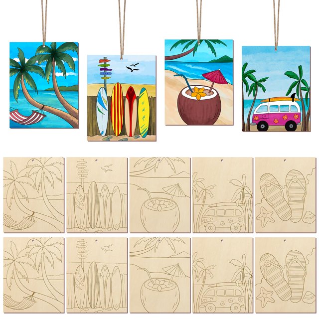 Kit de madera para manualidades de playa y verano COCHIE, 12,3 x 15 cm, 10 unidades