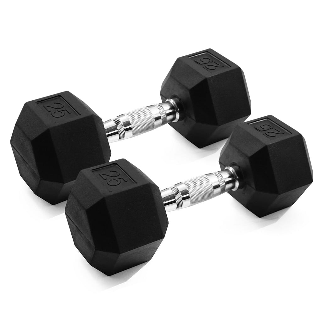 TOTAL 50LBS 2x New Rubber Barbell Coated Hex Dumbbells PAIR of 25LB Weight Gym 