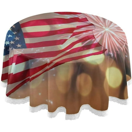 

Hyjoy 60 Independence Day Round Tablecloth Beautiful American Flag and Fireworks Lace Table Cover for Holiday Party Restaurant Kitchen Decoration