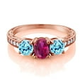 thumbnail image 2 of Gem Stone King 1.96 Ct Oval Red Created Ruby Blue Apatite 18K Rose Gold Plated Silver Moissanite Ring (Size 6), 2 of 4
