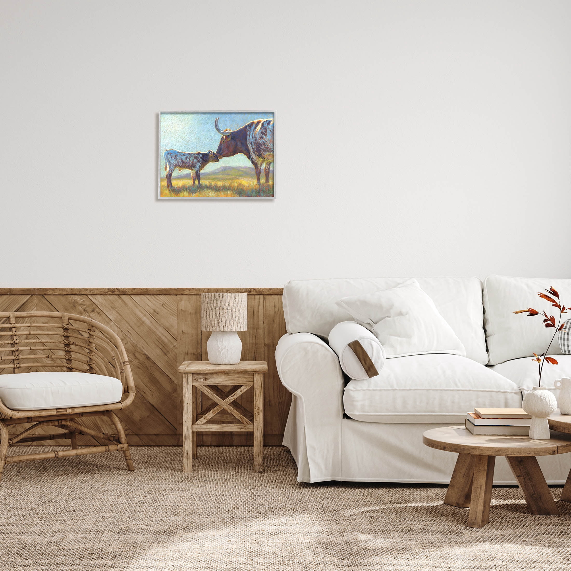Mother Cattle Calf Sunlit Farm Animals & Insects Painting Gray Framed Art Print Wall Art