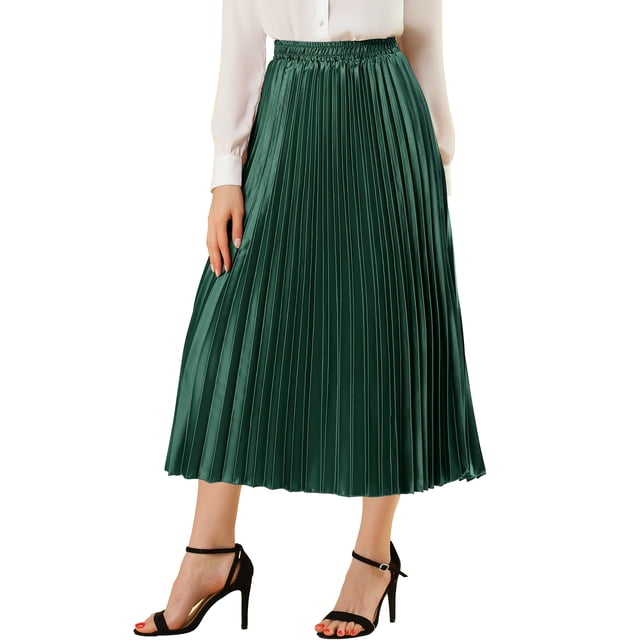 Falda Midi Plisada de Cintura Elástica Metálica para Mujeres Inspire Chic 2XL Verde Oscuro