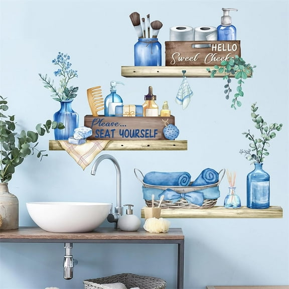 Blue Towel Shelf Wall Stickers, sacinora Cosmetic Brush Organizer DIY Wall Decals Removable Vinyl Peel and Stick for Boys Man Bathroom Restroom Toilet Art Home Decoration