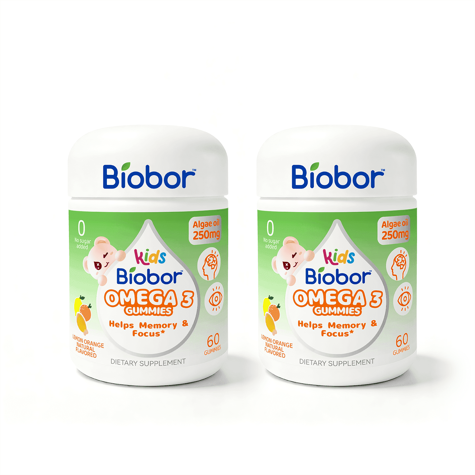(2 Pack)Biobor Omega-3 Gummies, Algae Oil DHA, No Fishy Taste, Supports Brain & Eye Health, No Sugar Added, Lemon Orange, 60 Ct