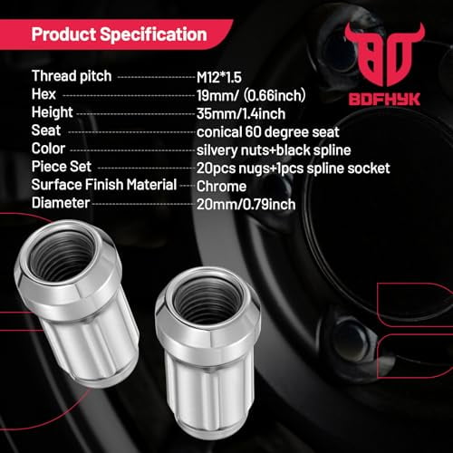 SPBTAR 12mmx1.5 Spline Lug Nuts,20pcs Silver Chrome M12x1.5 Lug Nuts Closed End Cone Seat Bulge Lug Nut for Aftermarket Wheels and One Black Spline Lug Nut Socket, Set of 20+1 Tuner Socket