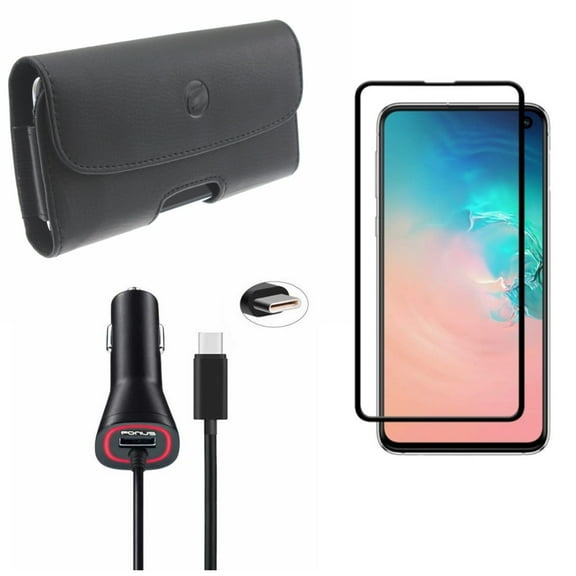 Galaxy S10e Screen Protector w Car Charger w Case Belt Clip - Tempered Glass 5D Curved Edge, 3.4A Type-C Power, Leather Holster Cover for Samsung Galaxy S10e Phone