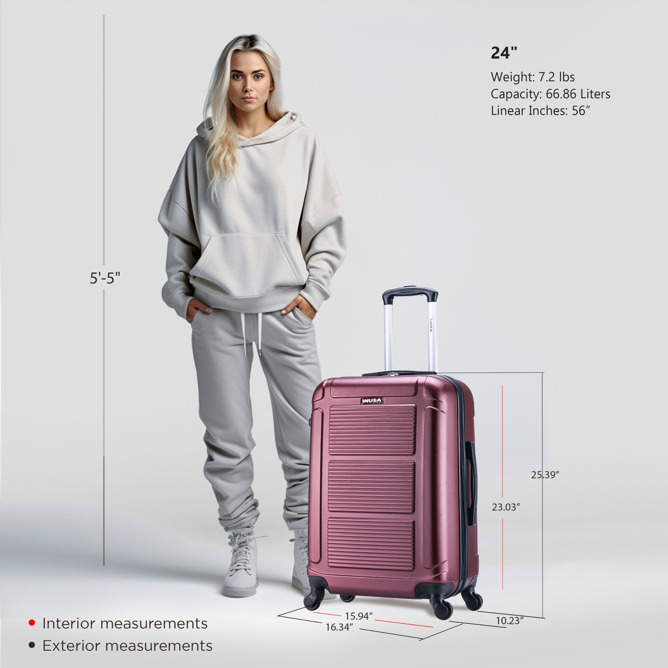 InUSA Pilot 24" Hardside Lightweight Luggage with Spinner Wheels, Handle, and Trolley, Wine
