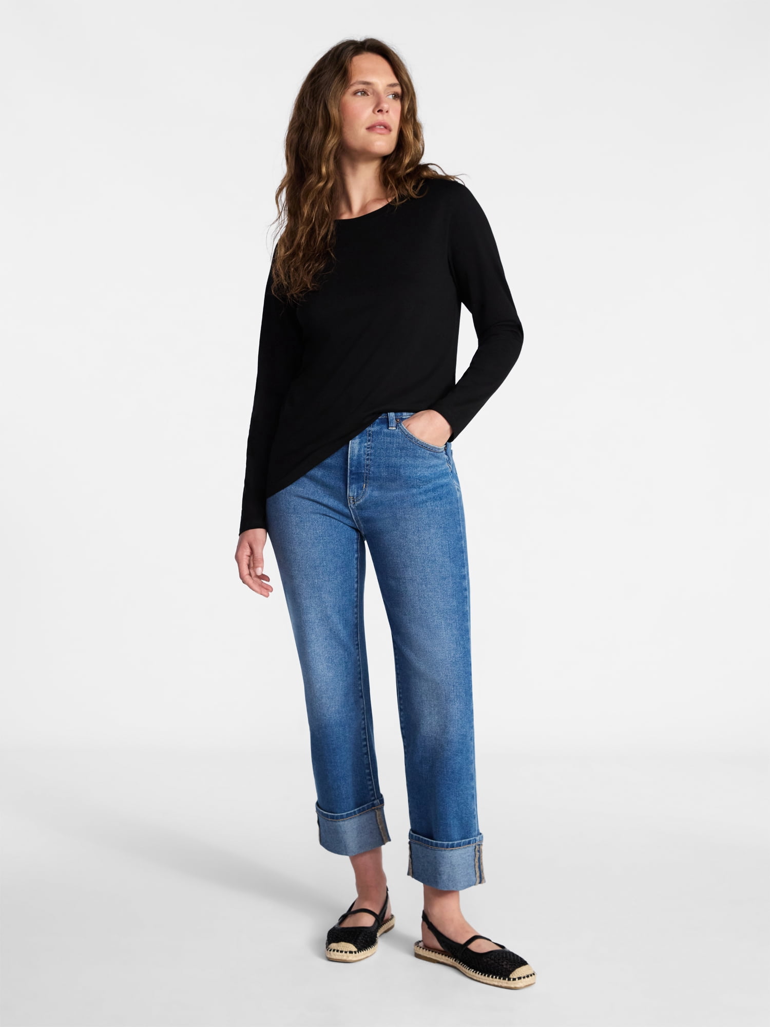 Time and Tru Women's Crewneck Tee with Long Sleeves, Sizes XS-XXXL