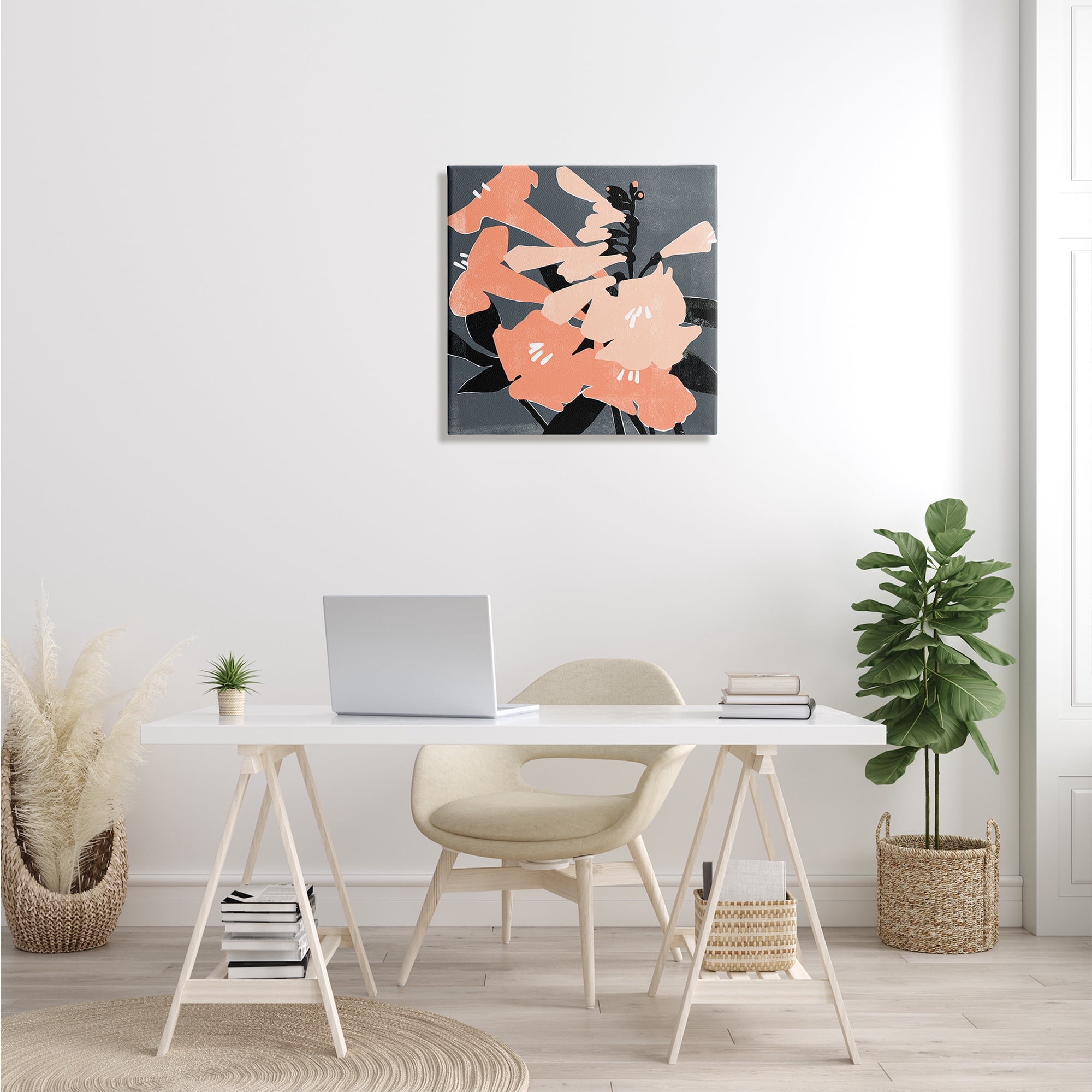 Stupell Industries Pink Pop Lilies over Dark Grey Neutral Branches Graphic Art Gallery-Wrapped Canvas Print Wall Art, 24x24, by Emma Scarvey