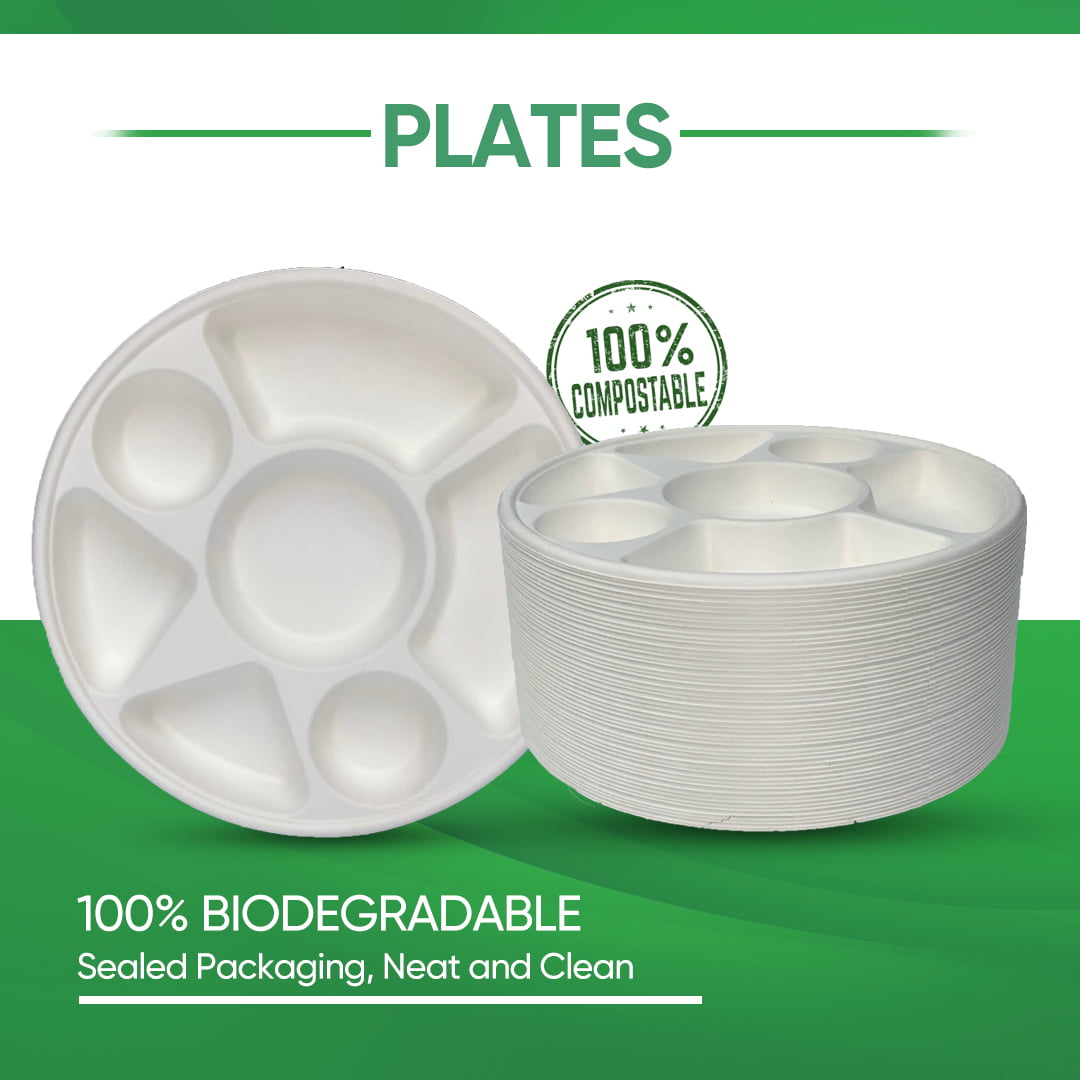 Clubgarga Disposable Paper Plates Heavy Duty 7 Compartment Round
