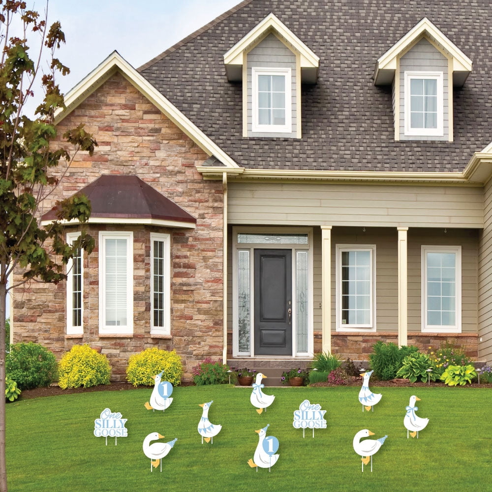 Big Dot of Happiness One Silly Goose Blue Outdoor Decorations, Boy 1st Birthday Party Lawn Ornaments, Goose-Themed Yard Signs with Stakes - 10 Piece Set
