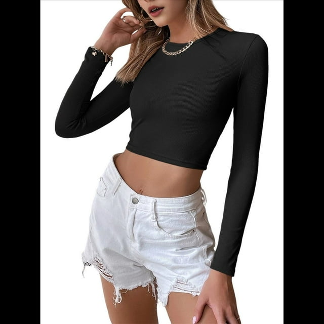 Top Corto de Punto Acanalado de Larga con Espalda Descubierta para Mujer, Corte Ajustado, Cuello Redondo, Espalda y Abertura. Negro M