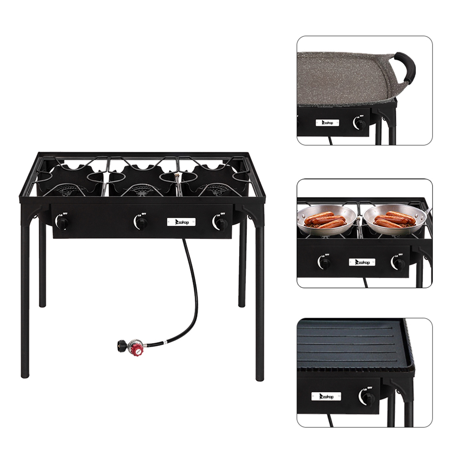 Outdoor Camp Stove, Three Burner Stove, 225, 000 BTU Portable High Pressure Propane-Powered Cooktop with Removable Legs, Portable Cast Iron Patio Cooking Burner Gas Cooker - image 4 of 9