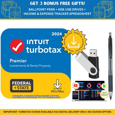 [New Version] TurboTax Premier 2024 Tax Software, Federal & State Tax Return [PC/MAC Download] - BONUS FREE 4GB USB 2.0 Flash Drives + Income and Expense Tracker Spreadsheet