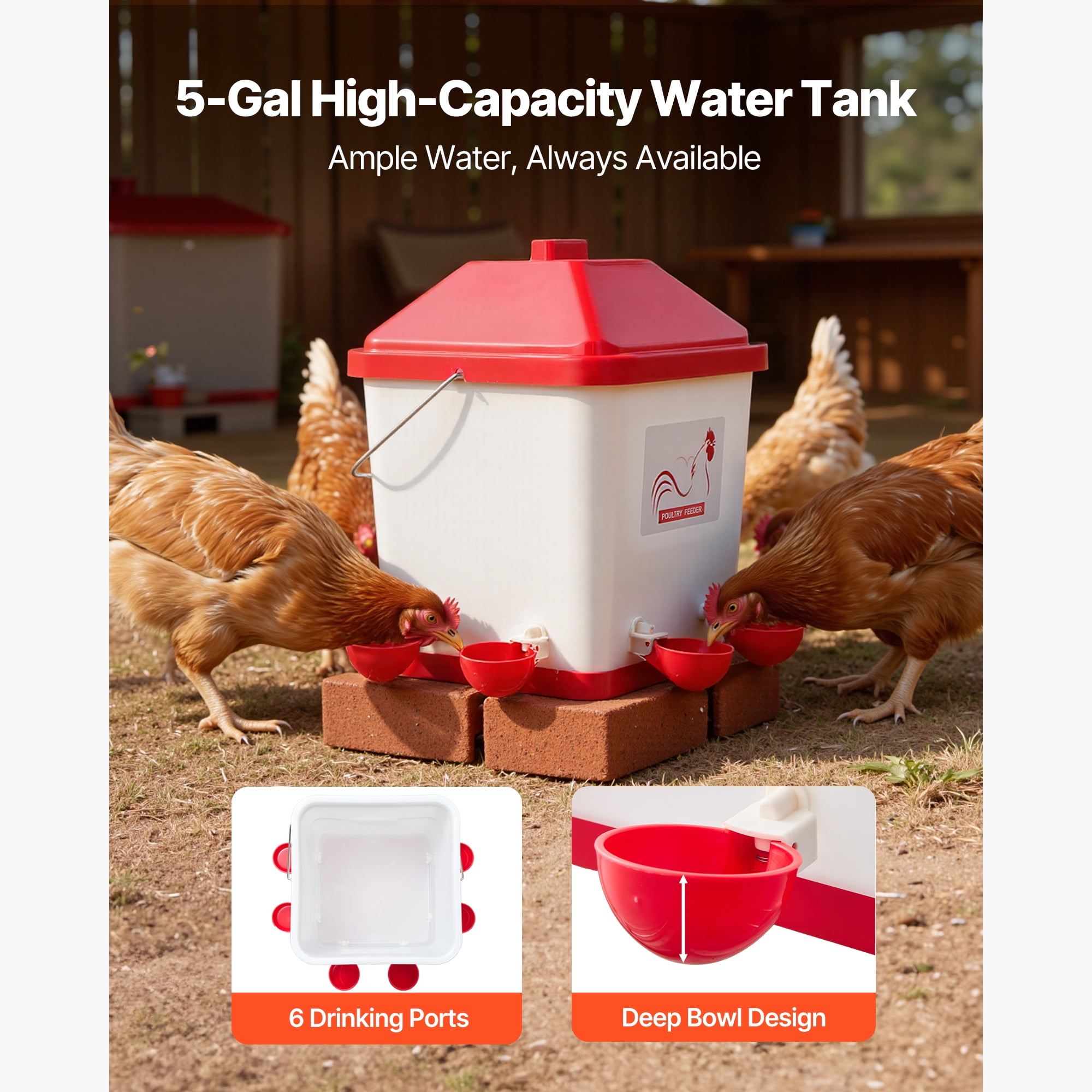 KFFKFF 5 Gallon Automatic Chicken Waterer, 6 Drinking Ports, Gravity-Fed Design with Handle & Sealed Rubber Ring, Durable Waterproof PP Material, No-Spill System, Ideal for Poultry