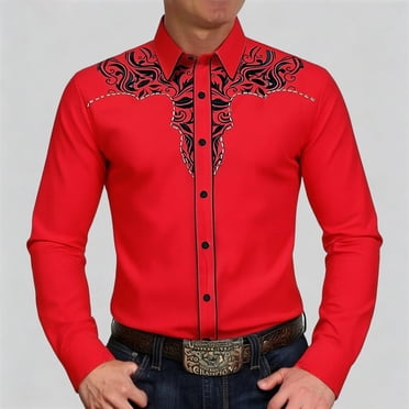 Western Cowboy Shirts for Men Embroidered Long Sleeve Button Down Shirts Spring Fall Regular Fit Tops Red XXXL