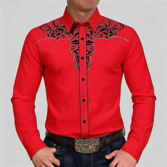 Western Cowboy Shirts for Men Embroidered Long Sleeve Button Down Shirts Spring Fall Regular Fit Tops Red XXXL