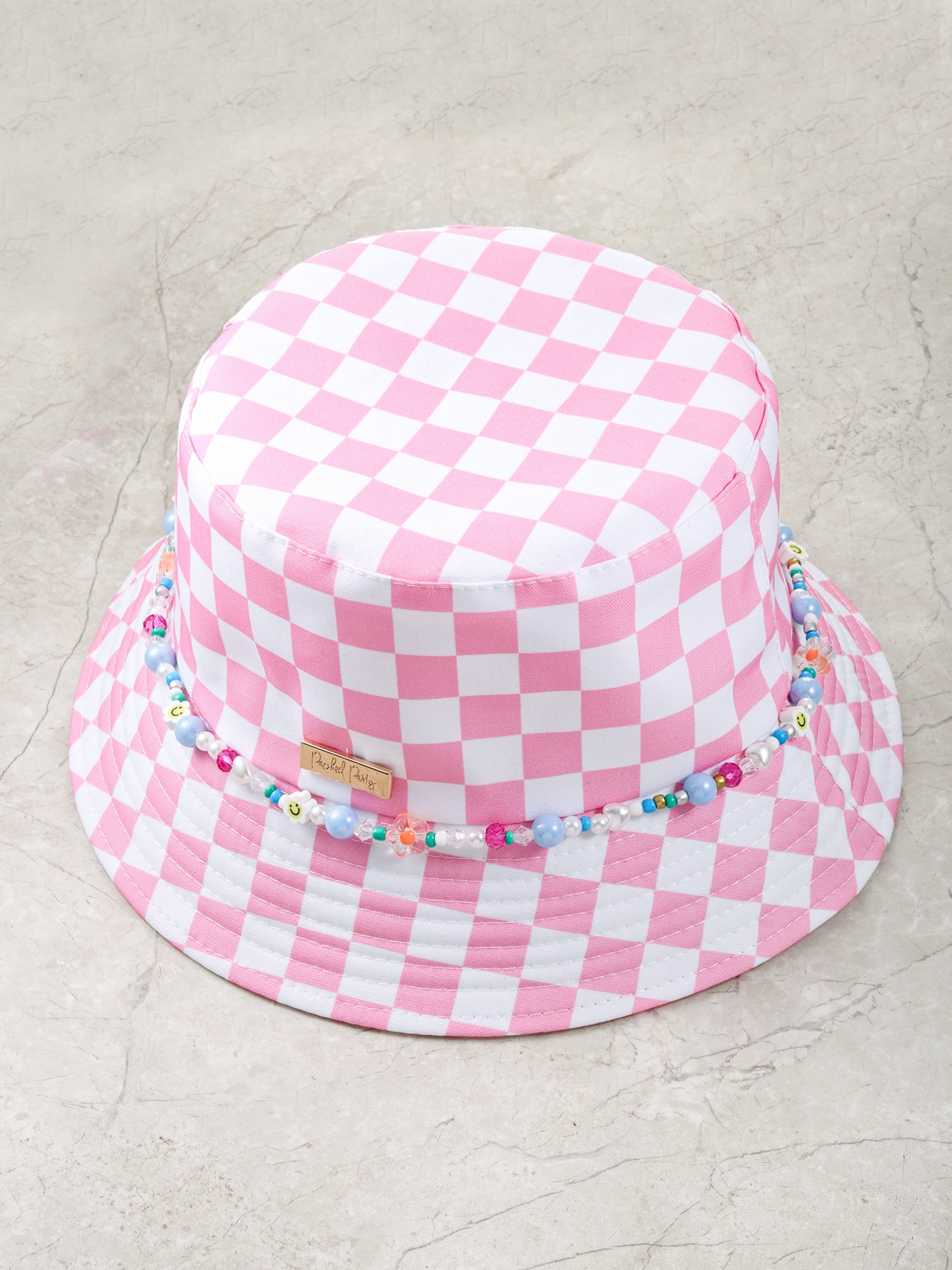 Packed Party Pink and White Check Bucket Hat with Charms, 1 Piece