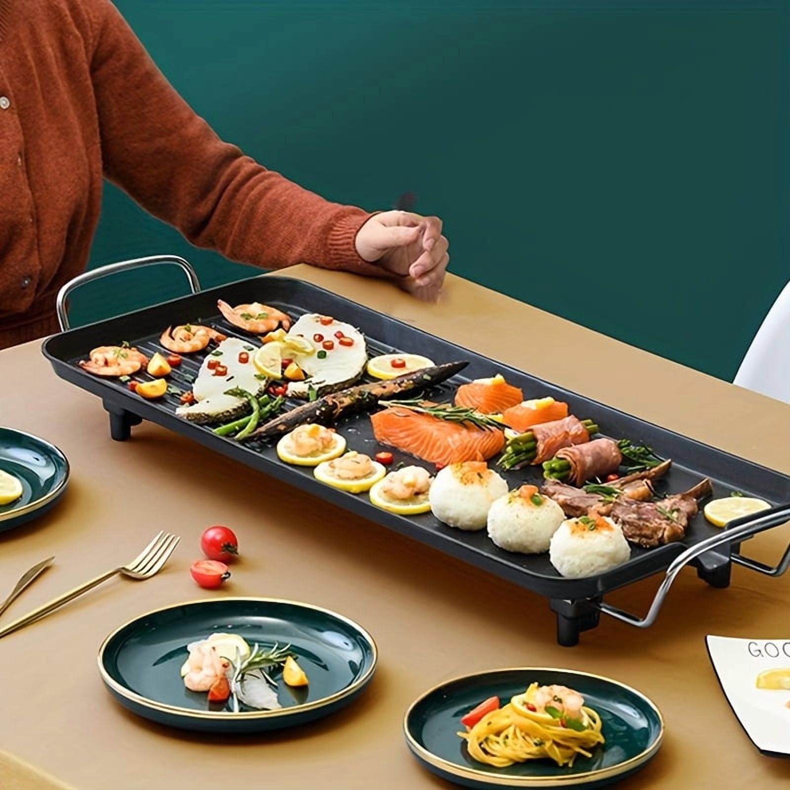 1500W Oblong Multifunctional Electric Baking Pan, 5-Gear Adjustable Temperature, Non-Stick Smokeless Design, 110V Indoor Electric Grill, Dishwasher Safe, Perfect for Fried Eggs,