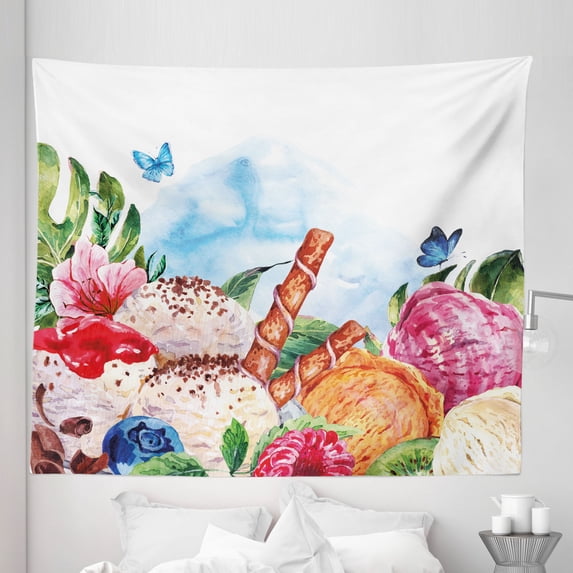 Tropical Tapestry, Flowers and Butterflies with Ice Cream Berry Sauce and Chocolate Dessert Summer, Fabric Wall Hanging Decor for Bedroom Living Room Dorm, 5 Sizes, Multicolor, by Ambesonne