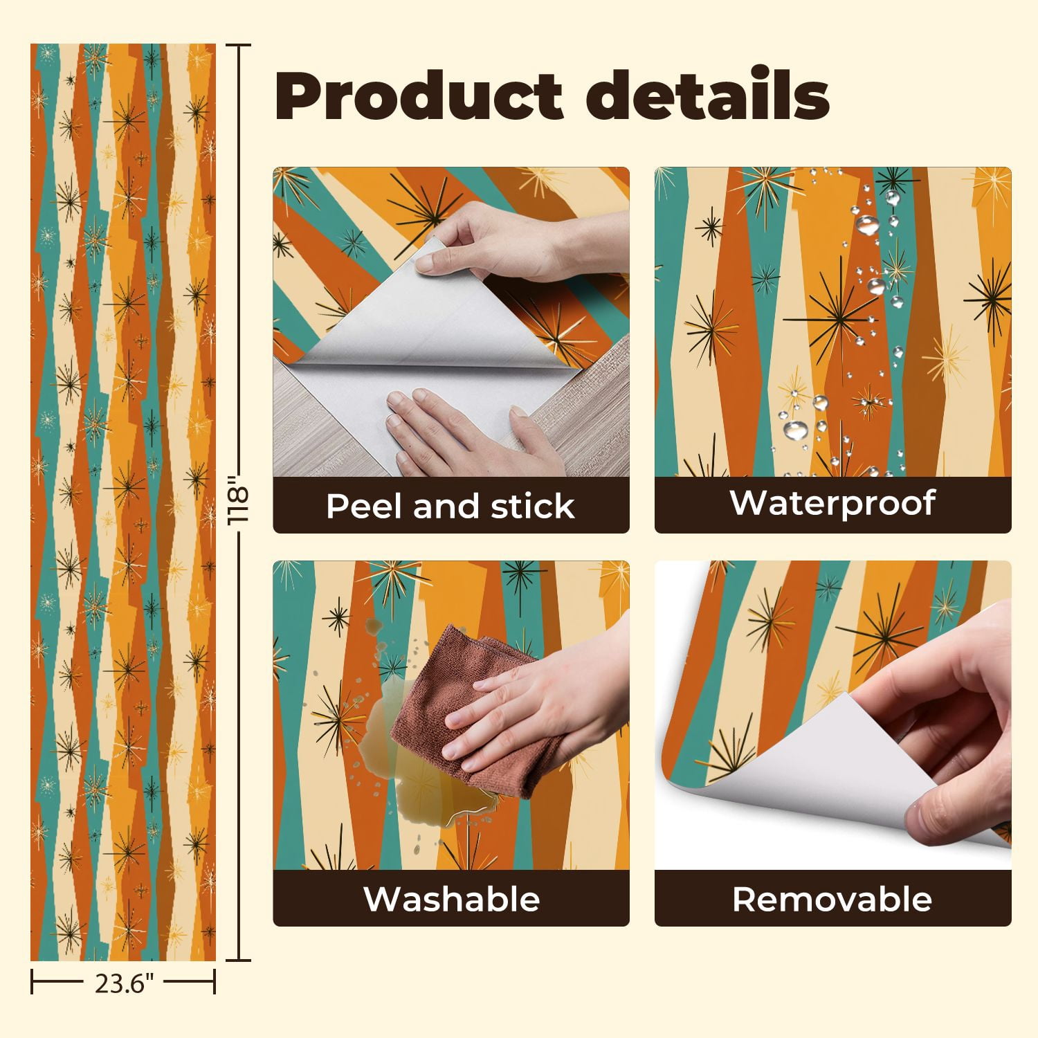 Peel and Stick Wallpaper 23.6in x 9.8ft Mid Century Modern Vintage Retro Mod Fifties Contact Paper Vinyl Waterproof Self Adhesive Wall Paper for Bedroom Shelf Cabinet Renter Friendly