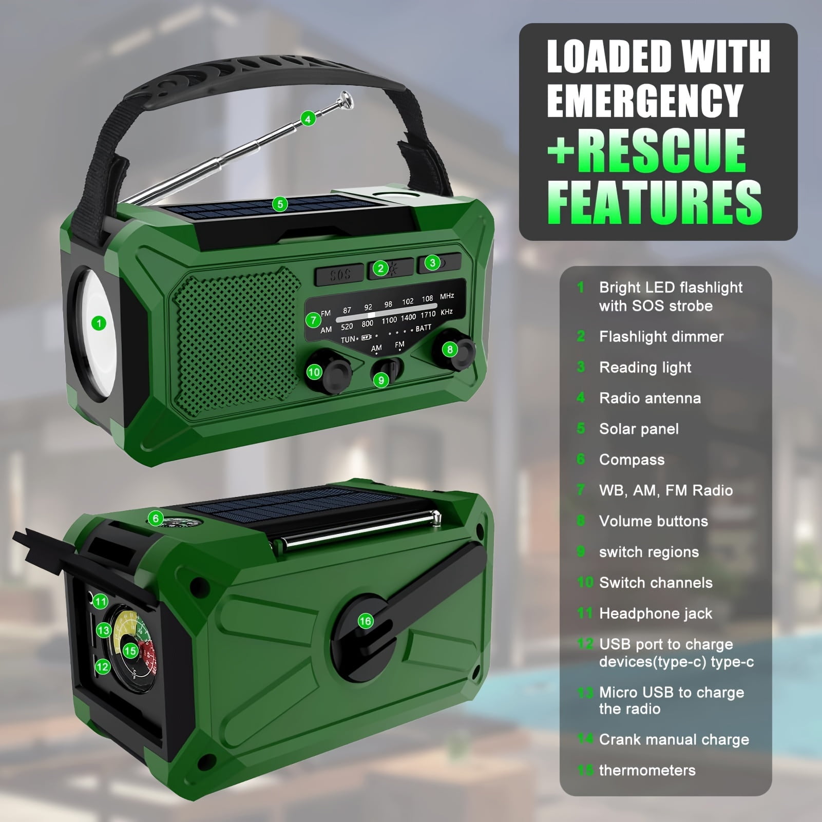 10000mAh Emergency Radio, Solar Radio, Hand Crank Radio, NOAA AM FM Weather Radio, 4 Charging Methods, Polymer Battery, Flashlight & Reading Lamp, SOS Alarm, Phone Charger For Emergency