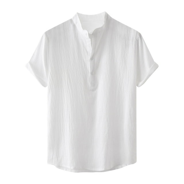 cfhntfmh Cotton Linen Shirts for Men Summer Short Sleeve Button up Beach T-Shirts Lightweight Solid Collared Tops