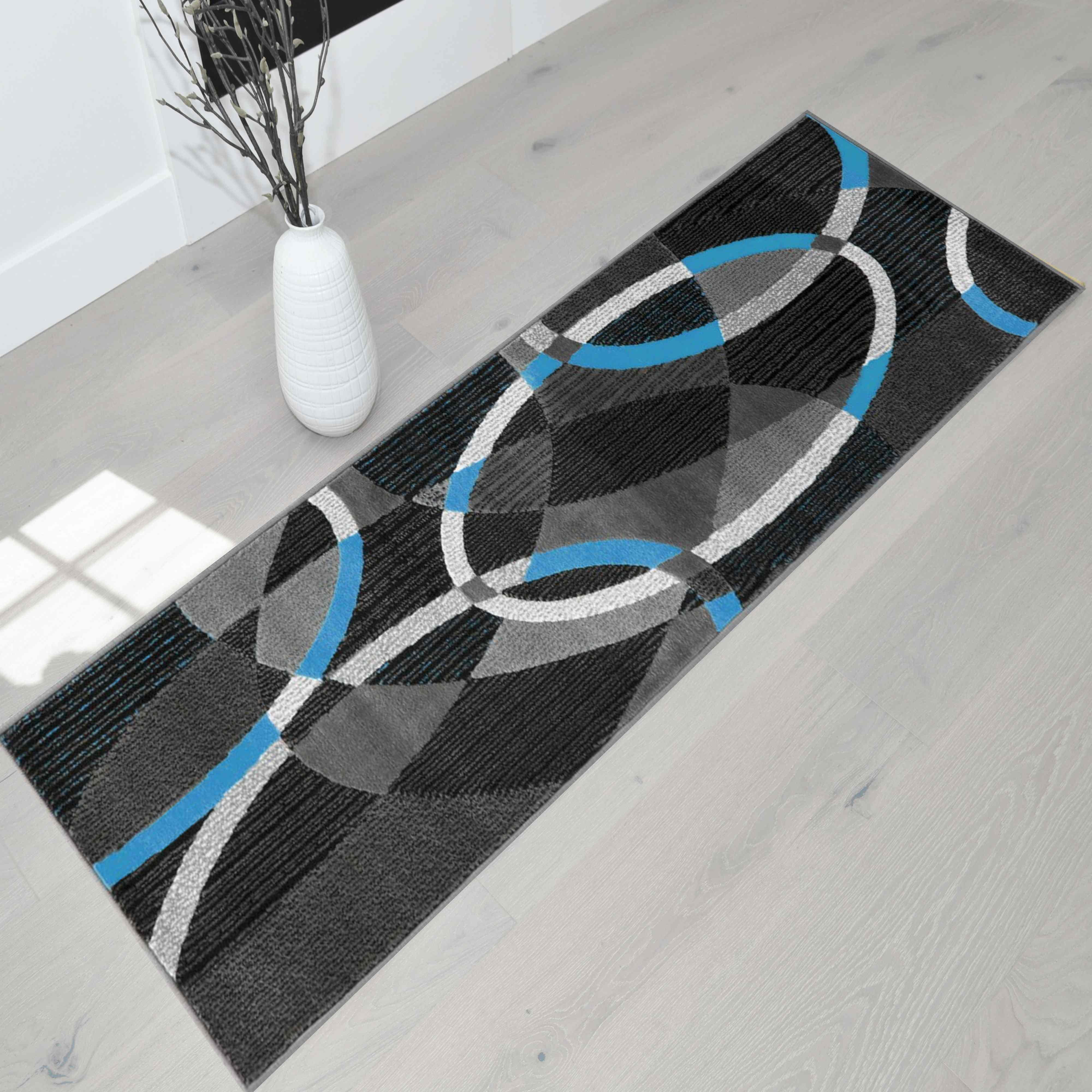 Blue/Grey/Silver/Black/Abstract Area Rug Modern Contemporary Circles and... 