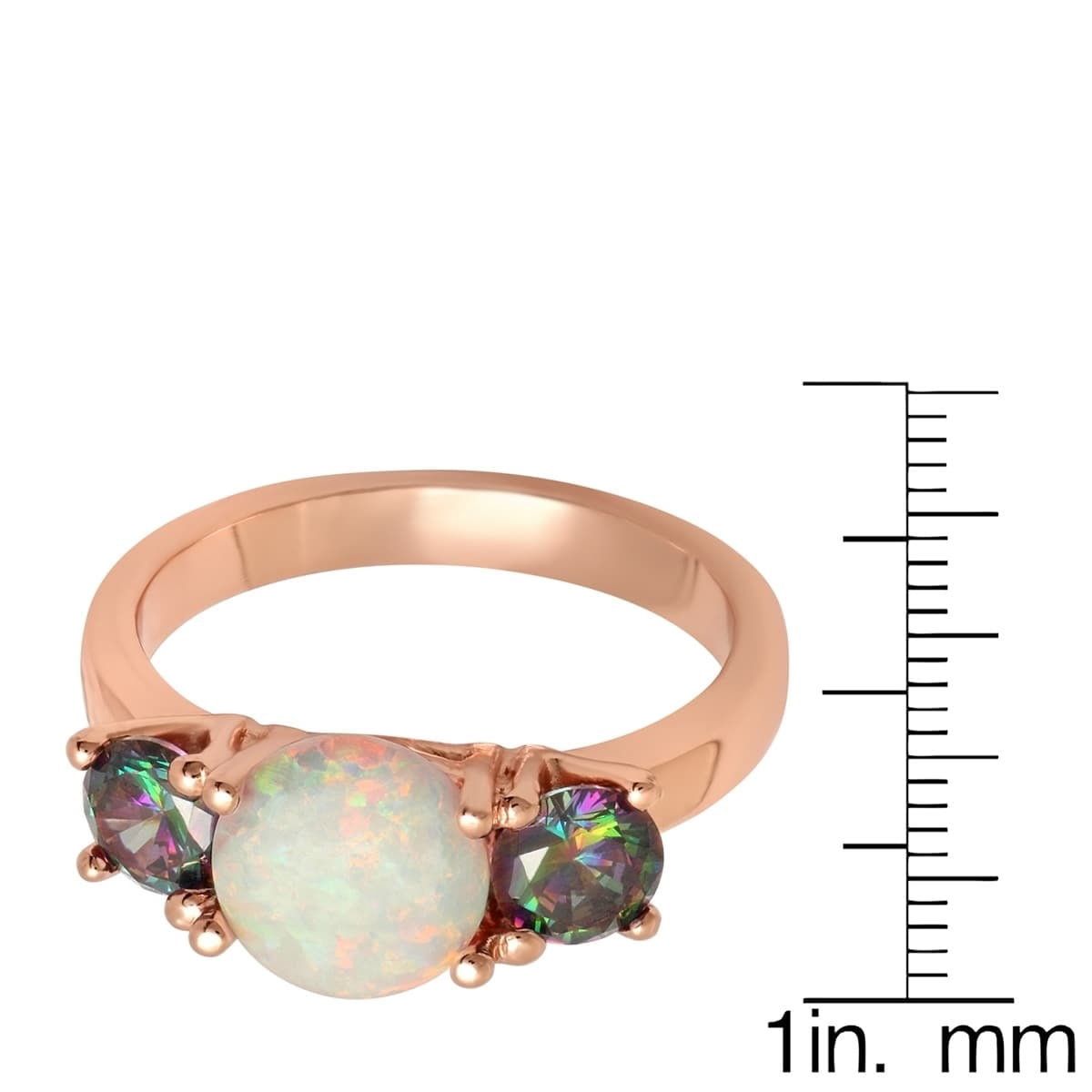 Ladies Rose Gold Tone Brass Rainbow Cubic Zirconia and Opal Engagement Ring