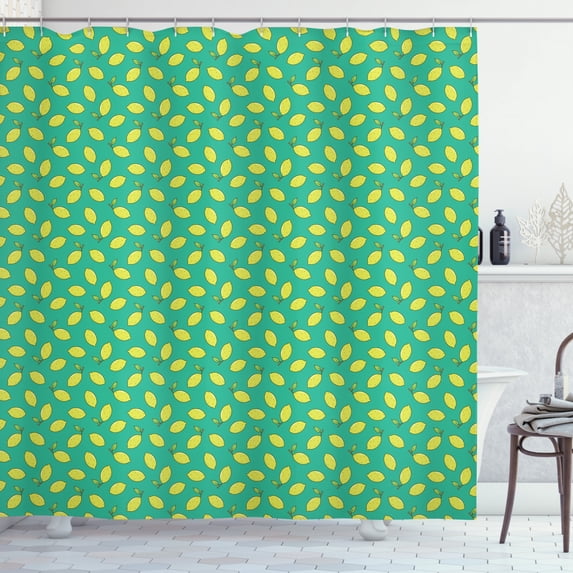 Vegan Shower Curtain, Yellow Lemon with Leaf Refreshing Citrus Organic Summer Garden, Fabric Bathroom Set with Hooks, 69W X 75L Inches Long, Sea Green Yellow Apple Green, by Ambesonne