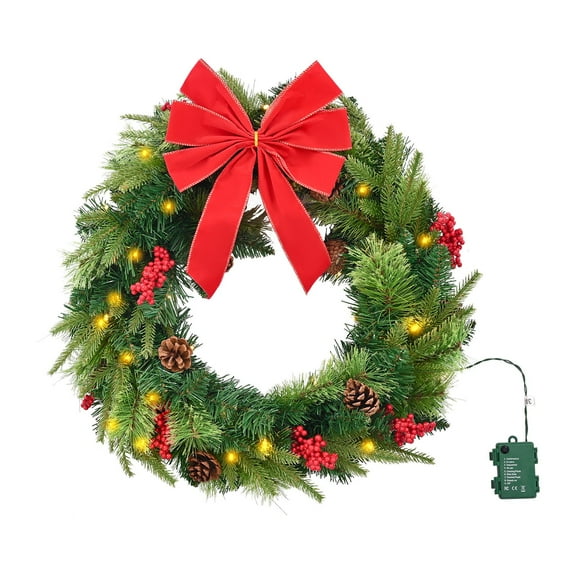 24 Inches Pre-Lit Artificial Christmas Wreath with 50 LED Lights and Timer, Decorated with Red Berry Mini Bow, Pine Cones, Red Berry Clusters, Holly Leaves, Suitable for Fireplace Door Window
