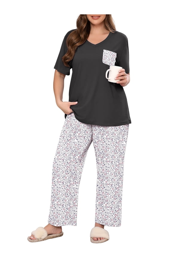 Women's Plus Size Loungewear Set Ditsy Floral 3X 2 Piece Pajama Set Sleepwear for Spring Summer Fall, Short Sleeve Top and Printed Long Pants with Side Pockets