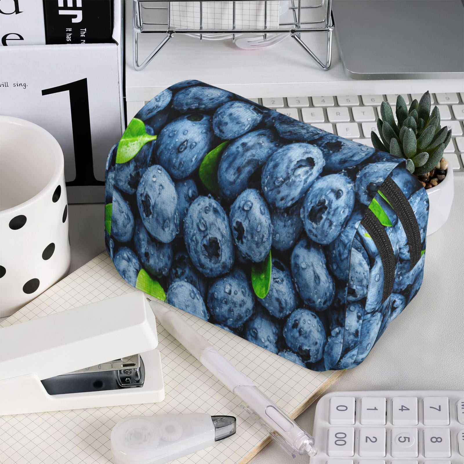 Rateoe Fresh Blueberries Pattern Double Clamshell Pen Case, Storage Organizer with Two Zipper Compartments– Holds Up to 50 Pencils & Pens