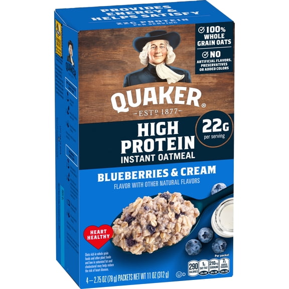 Quaker High Protein Blueberries & Cream Instant Oatmeal Packets, 2.75 oz (4 Count)